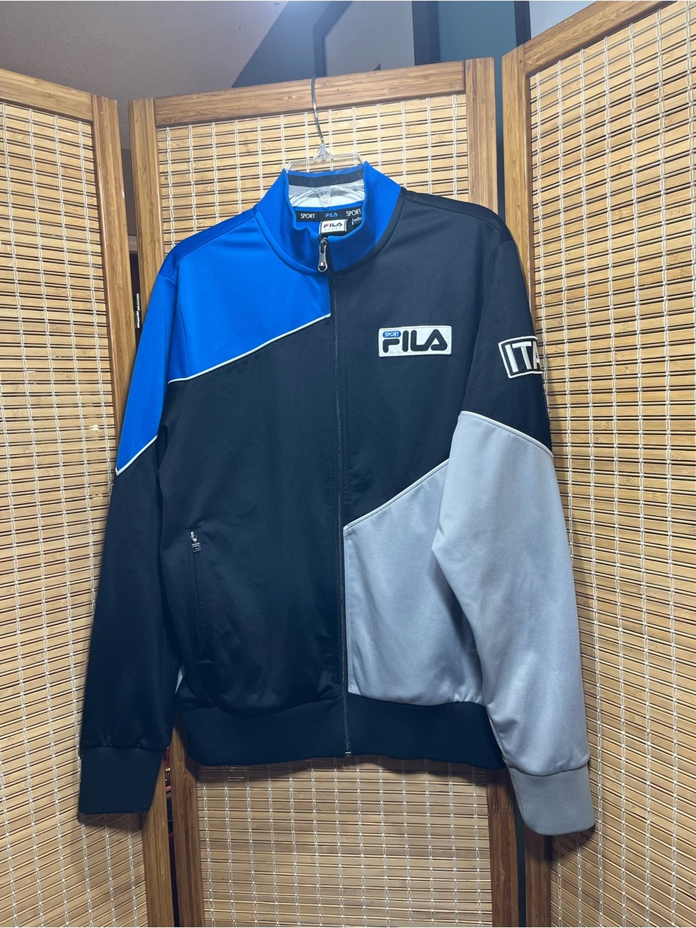 Men's Sport Italia Track Jacket Small Full Zip in Black/Gray/Blue Colorblock